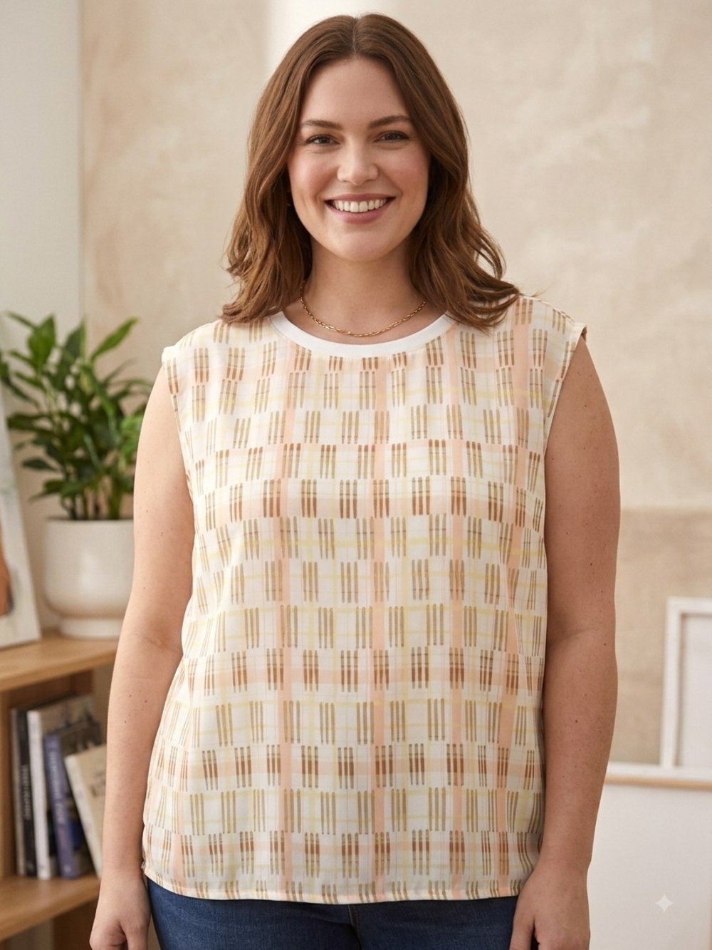 NWT ELLA Rafaella Plaid Sleeveless Sheer Top Plus 1X Cream Peach Yellow